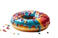 Closeup Rainbow Donut isolated. Break time with Doughnut side view on white background