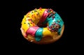 Closeup Rainbow Donut isolated. Break time with Doughnut top view on black background