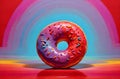 Closeup Rainbow Donut isolated. Break time with Doughnut top view on neon background Royalty Free Stock Photo