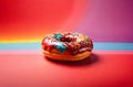 Closeup Rainbow Donut isolated. Break time with Doughnut top view on noen background