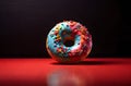 Closeup Rainbow Donut isolated. Break time with Doughnut top view on red background