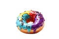 Closeup Rainbow Donut isolated. Break time with Doughnut top view on white background