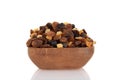 Closeup raisins currants and sultanas with candied peel in wood bowl Royalty Free Stock Photo