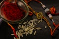 Closeup of Raksha Bandhan decorative thali with roli rakhi threads rice kumkum
