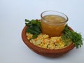 Ram Navami Hindu Festival Food Musk Melon Cool drink, Hesaru Bele with Lemon in a Sand Bowl on White Background