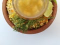 Ram Navami Hindu Festival Food Musk Melon Cool drink, Hesaru Bele with Lemon in a Sand Bowl on White Background