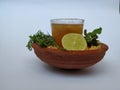 Ram Navami Hindu Festival Food Musk Melon Cool drink, Hesaru Bele with Lemon in a Sand Bowl on White Background