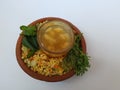 Ram Navami Hindu Festival Food Musk Melon Cool drink, Hesaru Bele with Lemon in a Sand Bowl on White Background