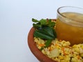 Ram Navami Hindu Festival Food Musk Melon Cool drink, Hesaru Bele with Lemon in a Sand Bowl isolated on White Background