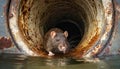 Closeup of a Rat Inside a Rusty Sewer Pipe - Generative Ai