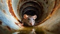 Closeup of a Rat Inside a Rusty Sewer Pipe - Generative Ai