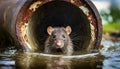 Closeup of a Rat Inside a Rusty Sewer Pipe - Generative Ai Royalty Free Stock Photo