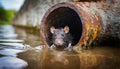 Closeup of a Rat Inside a Rusty Sewer Pipe - Generative Ai