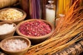 closeup of raw materials for incense: resins, bark, seeds Royalty Free Stock Photo