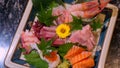 Closeup of raw salmon sashimi in Japanese luxury eatery