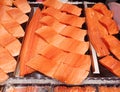 Closeup, Raw sliced salmon steak for sale