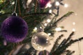 Closeup of real spruce Christmas tree with ornaments and lights