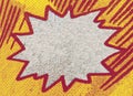Closeup of real vintage comic book page with empty white speech bubble on a background texture of yellow red printing dots Royalty Free Stock Photo