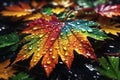 closeup realistic vibrant colorful leaf with water drops. ai generative