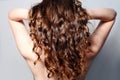 Closeup rear view of a curly womens hair