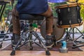 Legs of a drummer on stage at festival Royalty Free Stock Photo
