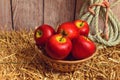 Closeup red apples in basket on hay bale