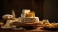 Closeup of red assorted cheeses table on soft dark background. Italian food. Delicious food generated AI Royalty Free Stock Photo