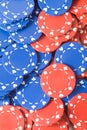 Closeup of red and blue poker chips