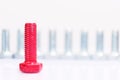 Closeup of red bolt n a group of galvanized metallic screws. Leadership, individuality, dissimilarity concept Royalty Free Stock Photo