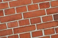 Closeup of a red brick wall with copy space. Detail of recently built exterior masonry or historic design wall