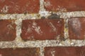 Closeup of red brick wall on the rustic exterior surface of a home, house, or city building. Texture, detail of rough