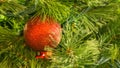 Closeup Of Red Christmas Ornament On Tree. Royalty Free Stock Photo