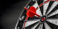closeup of red dart in target\'s bullseye, symbolizing business achievement,precision. suitable for corporate presentations