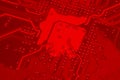 Closeup of red electronic motherboard circuit with processor Royalty Free Stock Photo