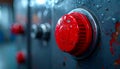 Closeup of a red emergency stop button on a gray metal control panel with water droplets Royalty Free Stock Photo