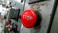 Closeup of red emergency stop button on industrial control panel Royalty Free Stock Photo