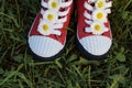 Red kid sneakers with flowers in grass