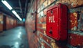 Closeup of red fire alarm pull station on brick wall in dimly lit corridor Royalty Free Stock Photo
