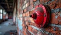 Closeup of a red fire hydrant valve mounted on a weathered brick wall in an abandoned building Royalty Free Stock Photo