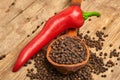 Closeup Red hot chili peppers and black pepper whole in wooden spoon on old wooden background Royalty Free Stock Photo