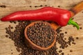 Closeup Red hot chili peppers and black pepper whole in wooden spoon on old wooden background Royalty Free Stock Photo