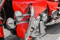 Closeup of red motorcycle. Beautiful modern red motorcycle headlights details.. Royalty Free Stock Photo