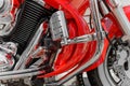 Closeup of red motorcycle. Beautiful modern red motorcycle headlights details.. Royalty Free Stock Photo