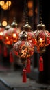 Closeup of red paper lantern with lights in city street. Chinese New year
