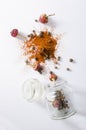 Vertical image.Top view of glass jar and different types of pepper.Red chili pepper, black peppercorns and dried red pepper on the Royalty Free Stock Photo