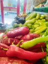 Closeup of red peppers in market