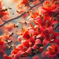 The red orange Palash flower buds and leaves are hanging in the tree Royalty Free Stock Photo