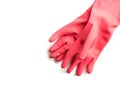 Closeup Red rubber gloves for cleaning on white background, work