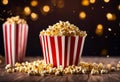 Closeup on a red striped paper carton bucket filled with tasteful popcorn AI-generated