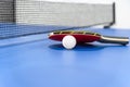 Closeup red table tennis paddle white ball and a net Royalty Free Stock Photo